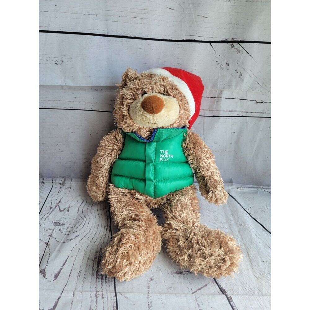 Hallmark North Pole Teddy Bear Green Puffy Vest Jacket Santa Hat Christmas